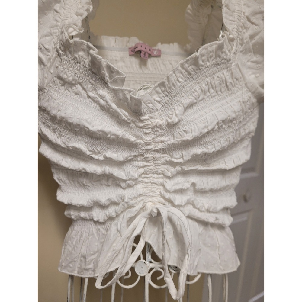 Crave Fame White Swiss Dot Twee Smocked Puff Sleeve Jr Coquette‎ Crop Top Size S